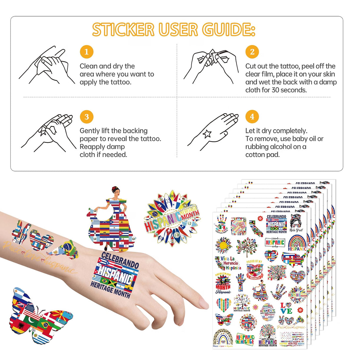 INCOK Hispanic Heritage Month Temporary Tattoos, 240 Pieces