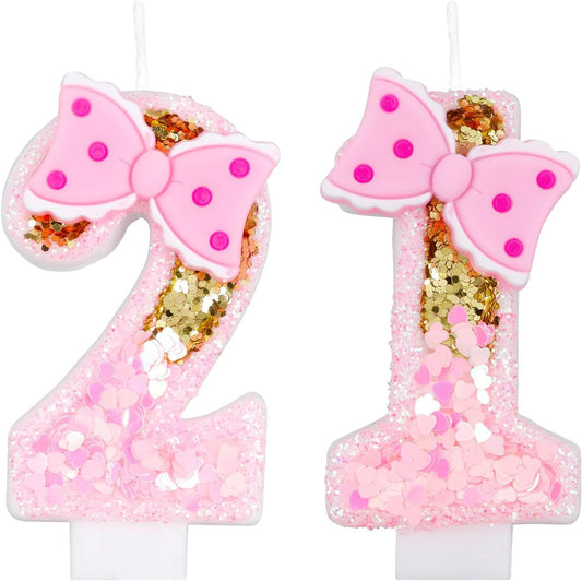 Girls' Pink 21st Birthday Candles with Gold Glitter Numbers and Bows - Perfect for Cake Decoration and Party Celebration