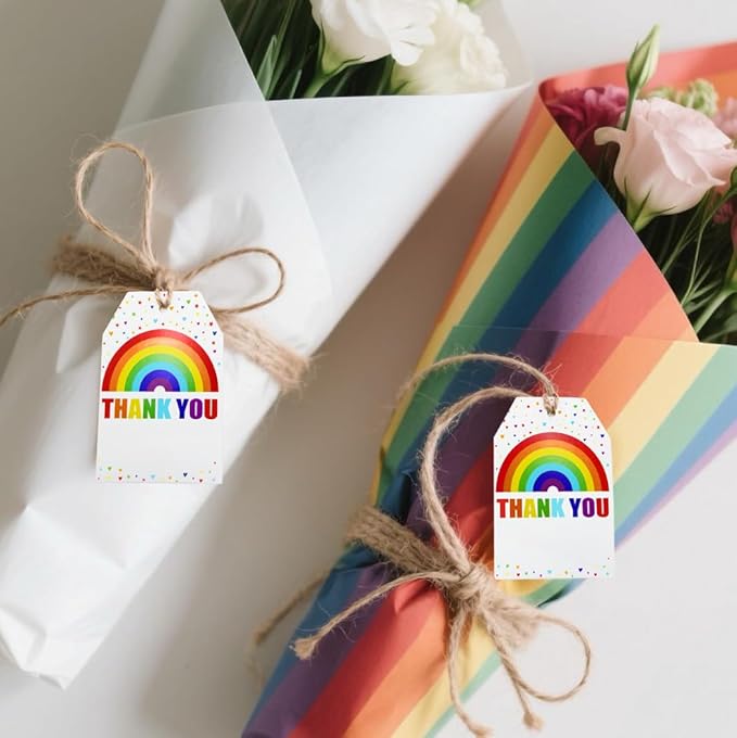 ASYEHJNR 100Pcs Rainbow Heart Gift Tags with String Large Thank You Gift Tags Presents with 65 FT Jute Twine Personalized Tags for Wedding Baby Shower Birthdays Party Gift Wrap Tags