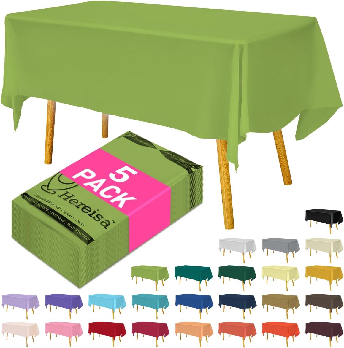 Disposable Plastic Tablecloth Lime Green 54x108 Inch, 5-Pack Waterproof Rectangular Table Cover for Parties, Picnics, Dining Protection