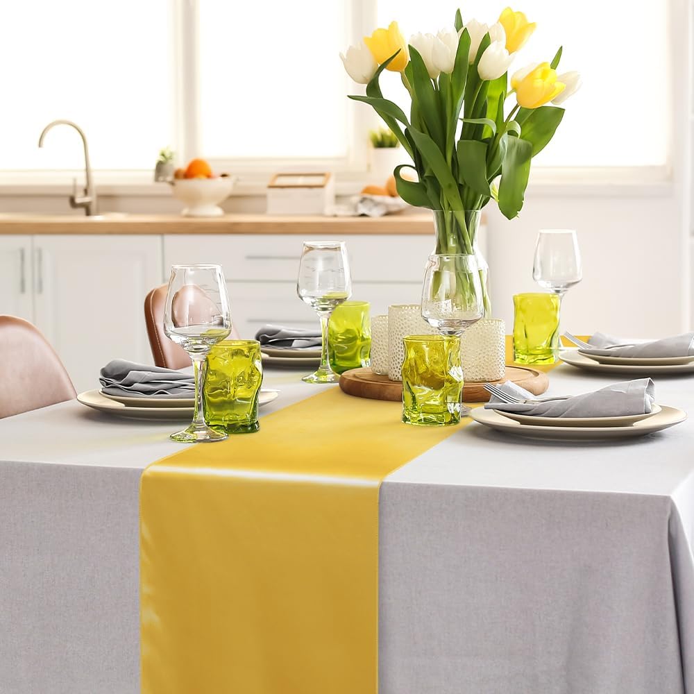 Aneco 12 Pack Satin Table Runner 12 x 108 Inch Gold Long Wedding Satin Silk Table Runner for Wedding Banquet Graduations Birthday Party Decoration