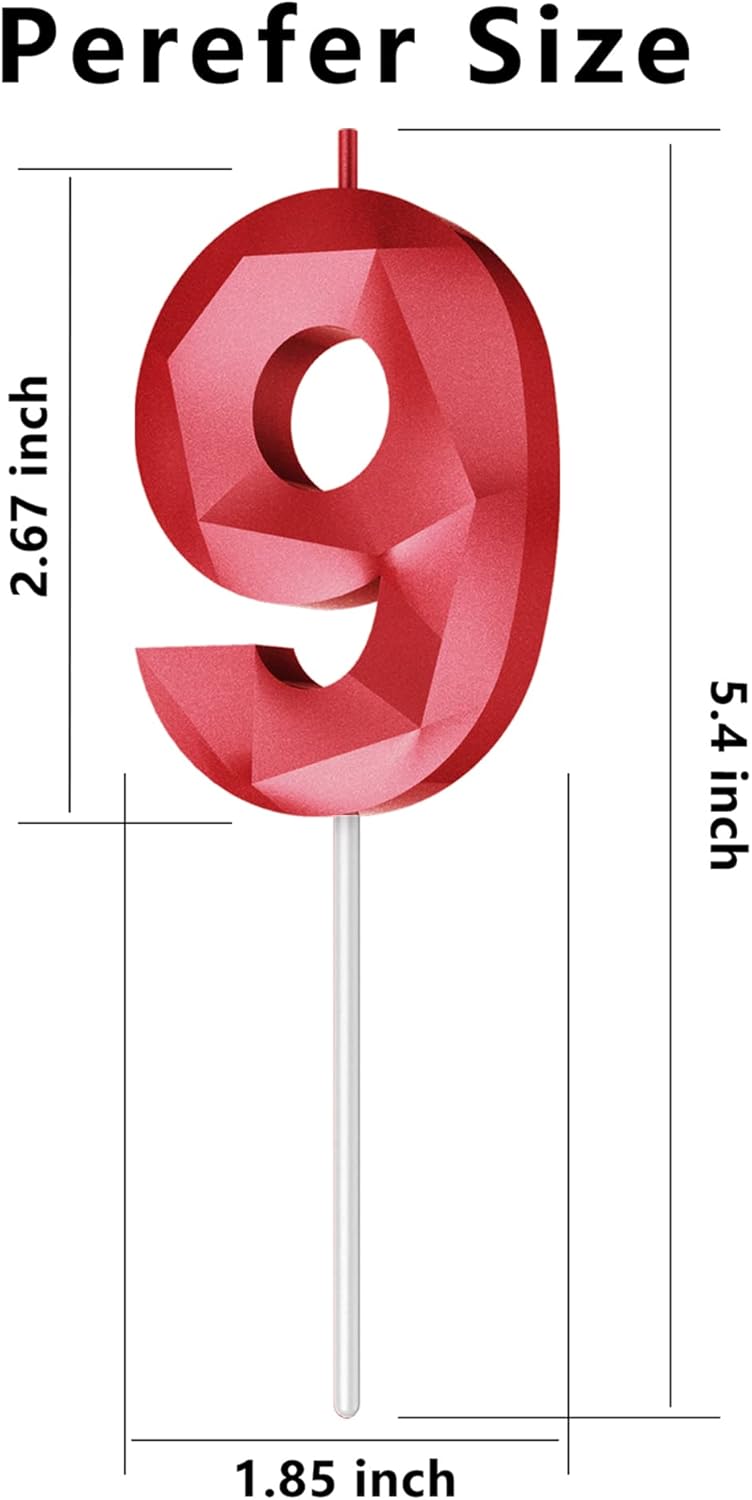 Number Birthday Candles(9 Candle Red) 3D Diamond Shape Number Happy Birthday Cake Candles for Birthday Party Wedding Decoration Reunions Theme Party