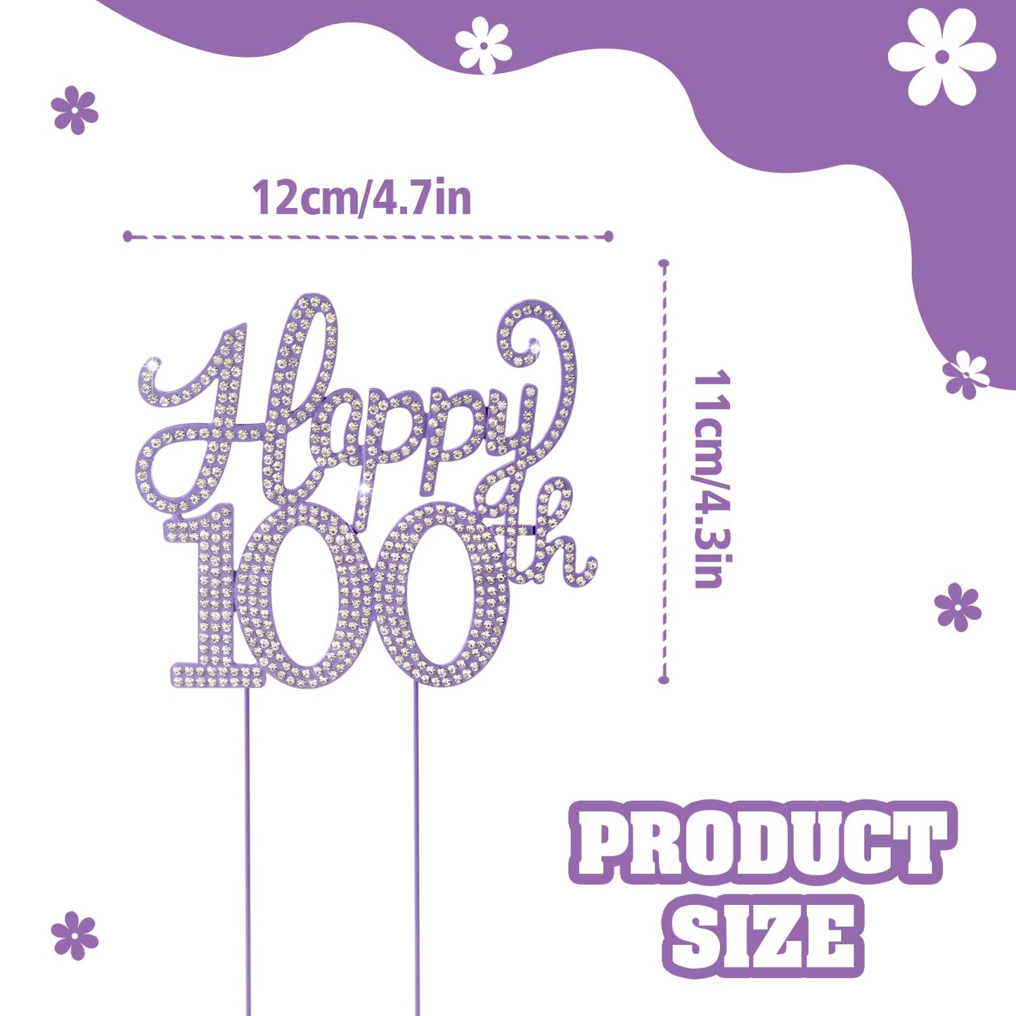 Happy 100th Birthday Decorations,100th Birthday Purple Rhinestone Cake Topper - Cheers to 100 Years Old Bday Party Metal Sparkly Cake Centerpieces Sign.