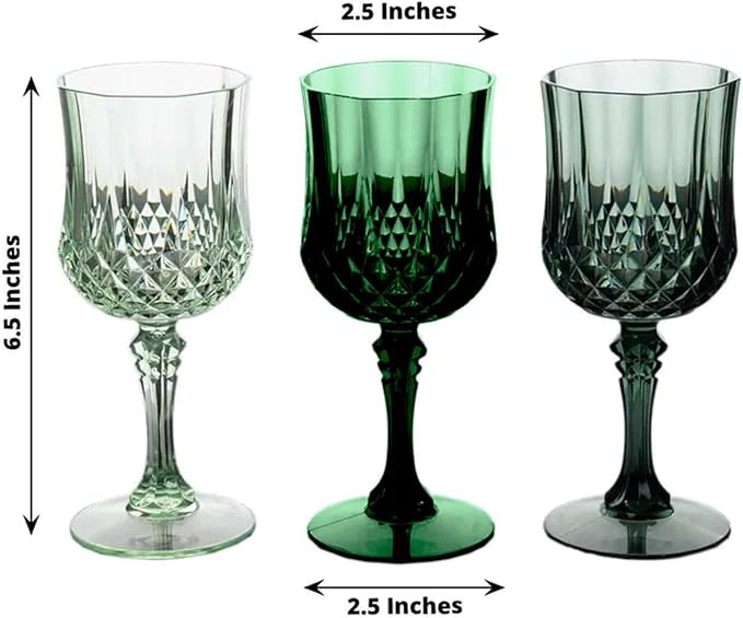 Efavormart 12 Pack Assorted Green Crystal Cut Reusable Plastic Wine Glasses, Shatterproof Cocktail Goblets 8oz