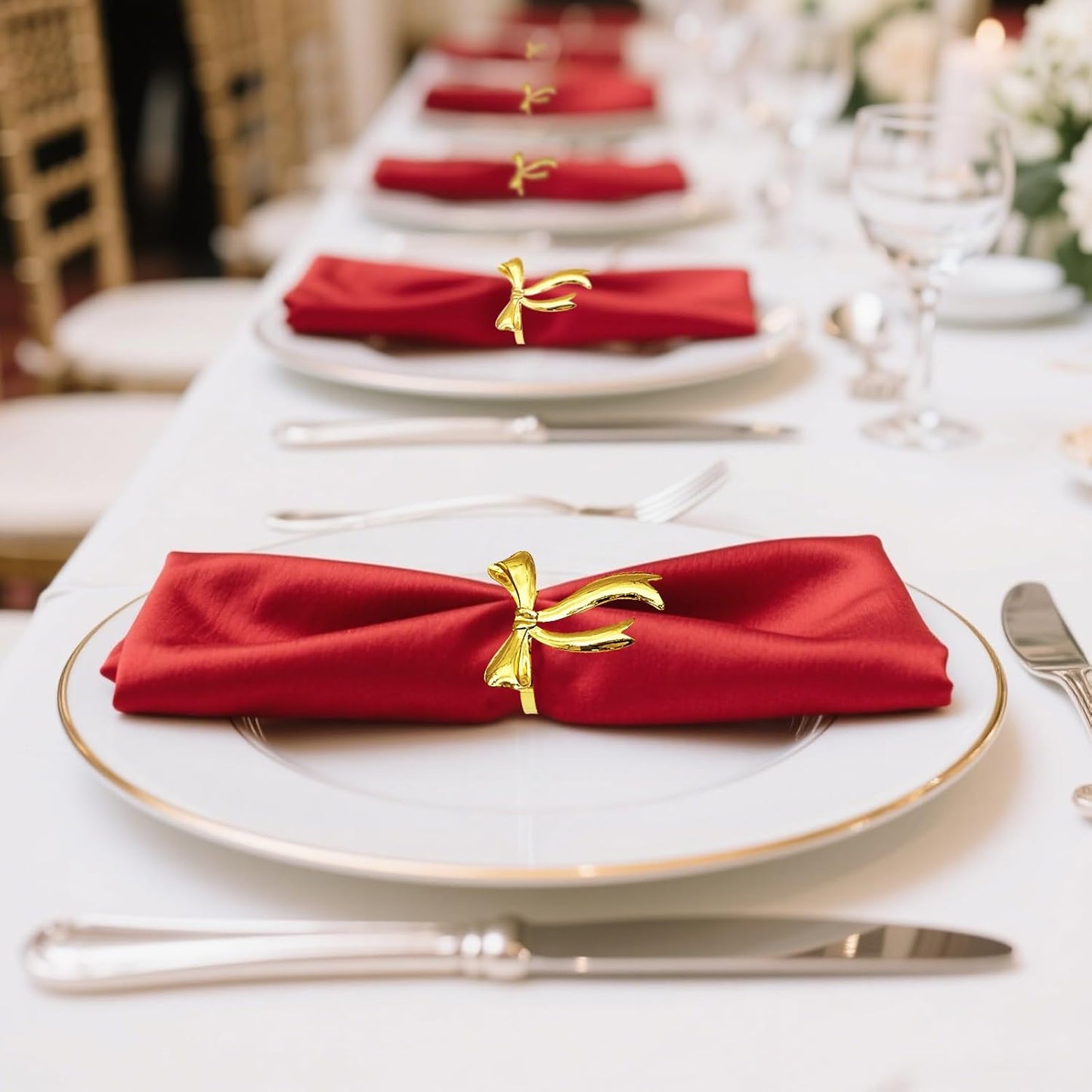 Gold Bow Napkin Rings Set of 12 Christmas Bow Tie Napkin Rings for New Year Valentine's Day Xams Wedding,Shiny Metal Bow Knot Napkin Ring Holders for Birthday Family Dinner Daily Table Decor