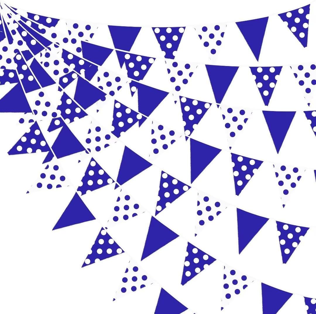 32Ft Royal Blue Party Decorations Blue White Fabric Polka Dot Triangle Banner Flag Pennant Bunting Garland Streamers for Picnic Racing Car BBQ Birthday Baby Shower Outdoor Garden Decor