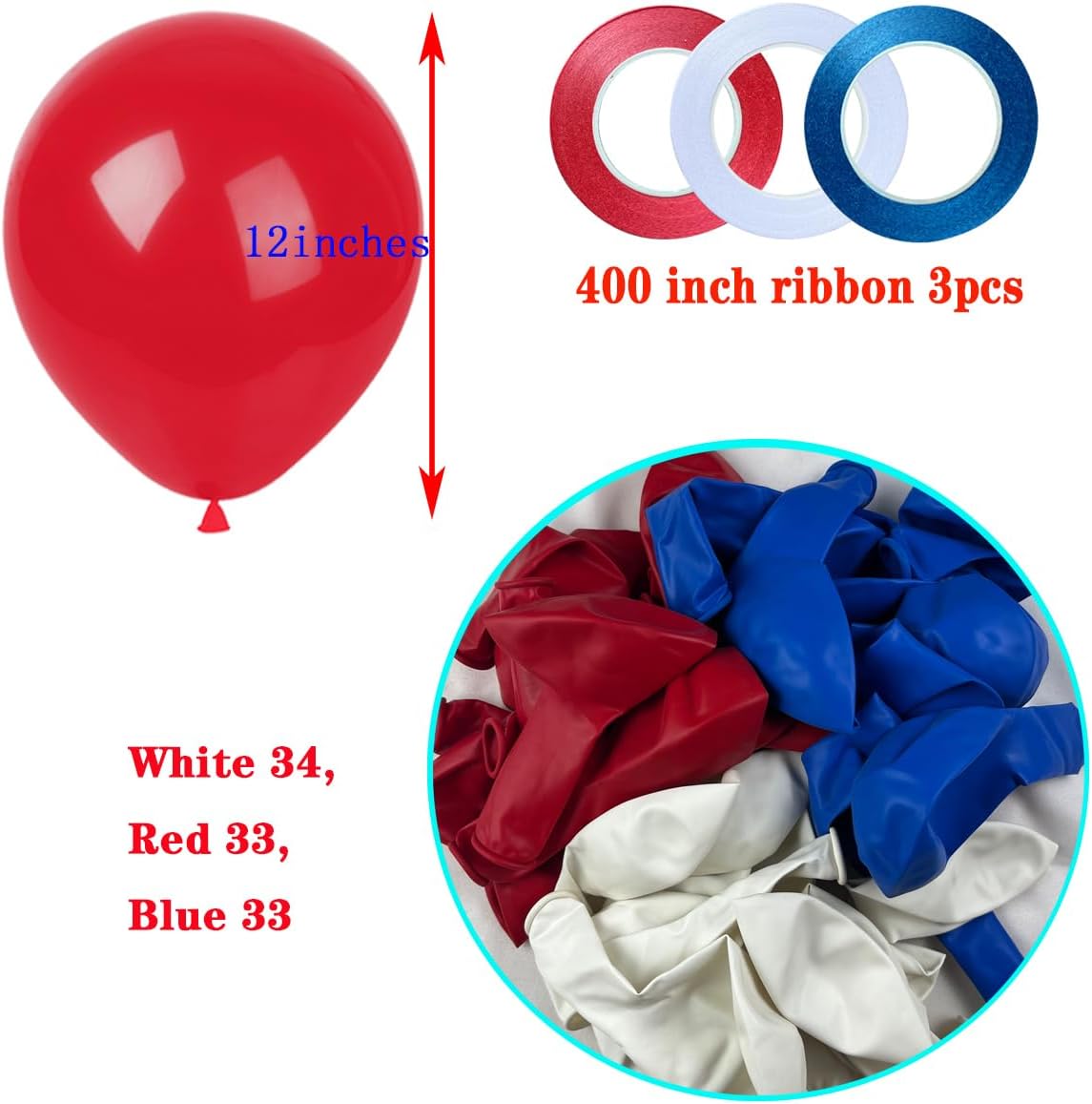 White Red Blue Balloons,100 Pack 12 Inch Latex Balloons,for Wedding Birthday Party Baby Shower Christmas Party Decorations
