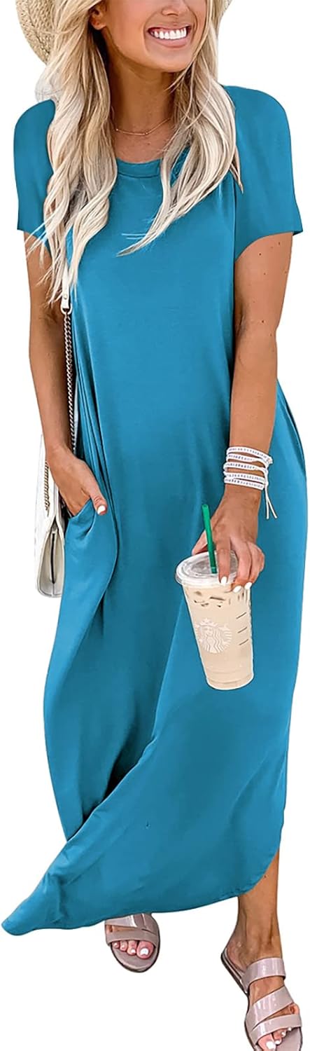 ANRABESS Womens Summer Maxi Dress Short Sleeve Casual Loose Long T Shirt Dresses Split Vacation Beach Sundress Travel Outfits