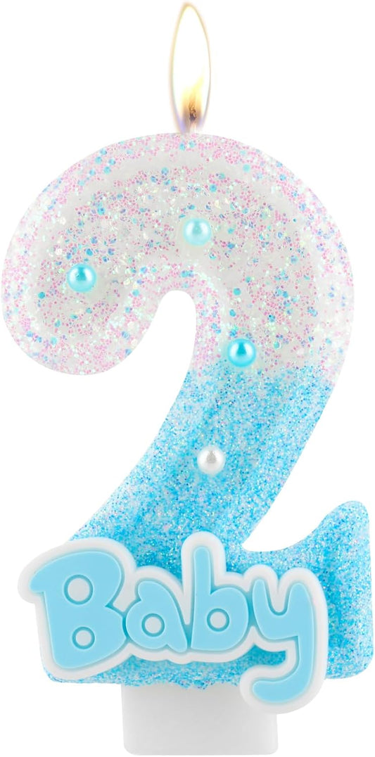 Blue Baby Number 2 Birthday Candle, 2.8in Cute Shiny 1st Happy Birthday Candle with Tray & Stick Boys Girls Two Candle for 2nd Birthday Ideal Birthday Parties Cake Decoration & Gifts