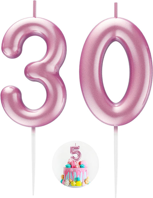 Pink Number 30 Candle Happy Birthday 3D Number Candles for Birthday Cake Party Decoration Wedding Anniversary Celebration Supplies