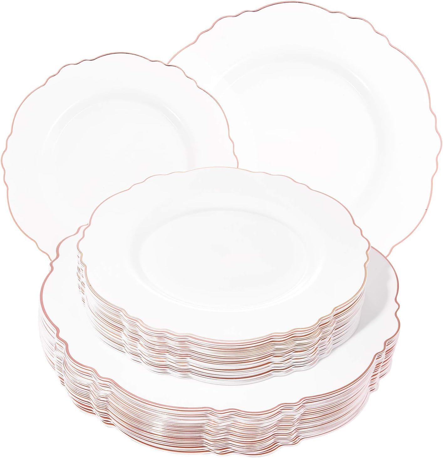 WDF 60pcs Rose Gold Plastic Plates-Baroque White &Rose Gold Disposable Plates including 30Plastic Dinner Plates 10.25inch, 30 Salad Plates 7.5inch for Wedding & Parties