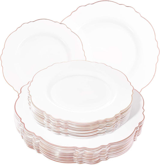 WDF 60pcs Rose Gold Plastic Plates-Baroque White &Rose Gold Disposable Plates including 30Plastic Dinner Plates 10.25inch, 30 Salad Plates 7.5inch for Wedding & Parties