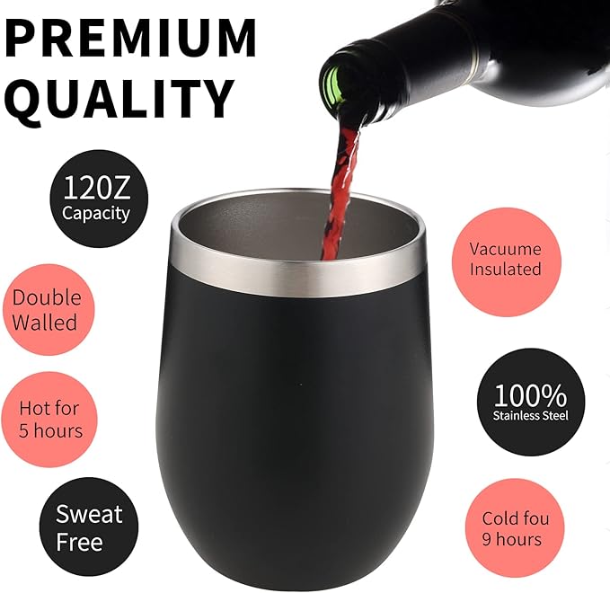 12oz/4 Pack Wine Tumbler Glasses with Lid Stemless Double Wall Vacuum Stainless Steel Travel Tumbler Keeping Cold & Hot for Wine,Coffee,Cocktails,Drinks-Family and Gifts (Black)