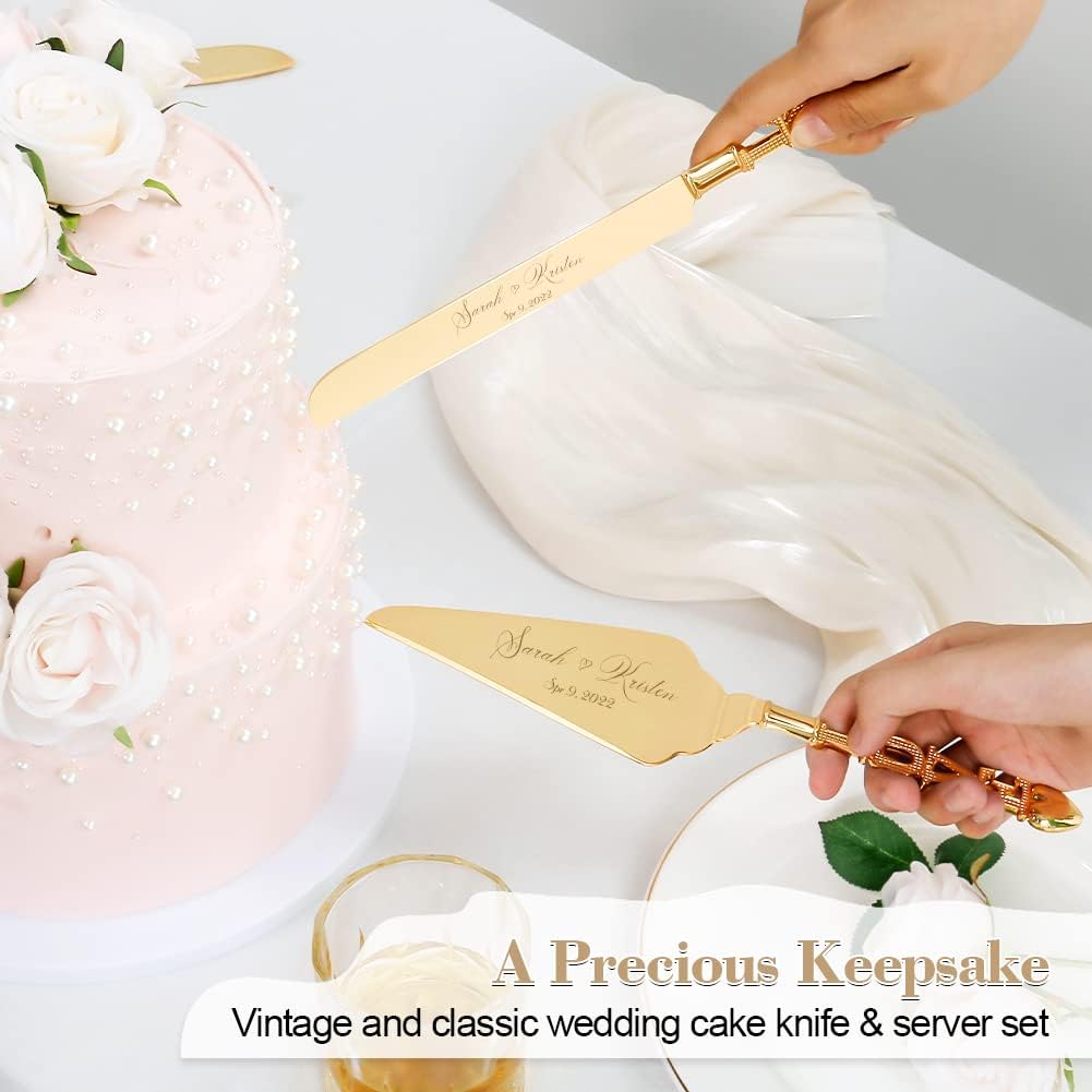 Wedding Cake Knife and Server Set, Personalized Gold Cake Cutting Set for Wedding, Engraved Classic Cake Knives Cutter Set, Pie Server, Birthday Bridal Quinceañera Gift (CUS-Love)