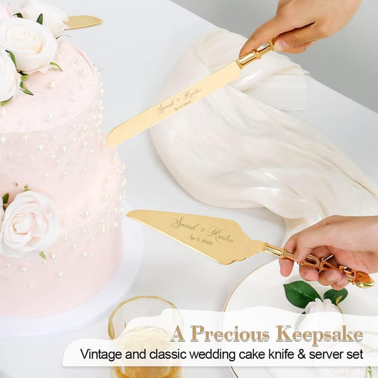 Wedding Cake Knife and Server Set, Personalized Gold Cake Cutting Set for Wedding, Engraved Classic Cake Knives Cutter Set, Pie Server, Birthday Bridal Quinceañera Gift (CUS-Love)