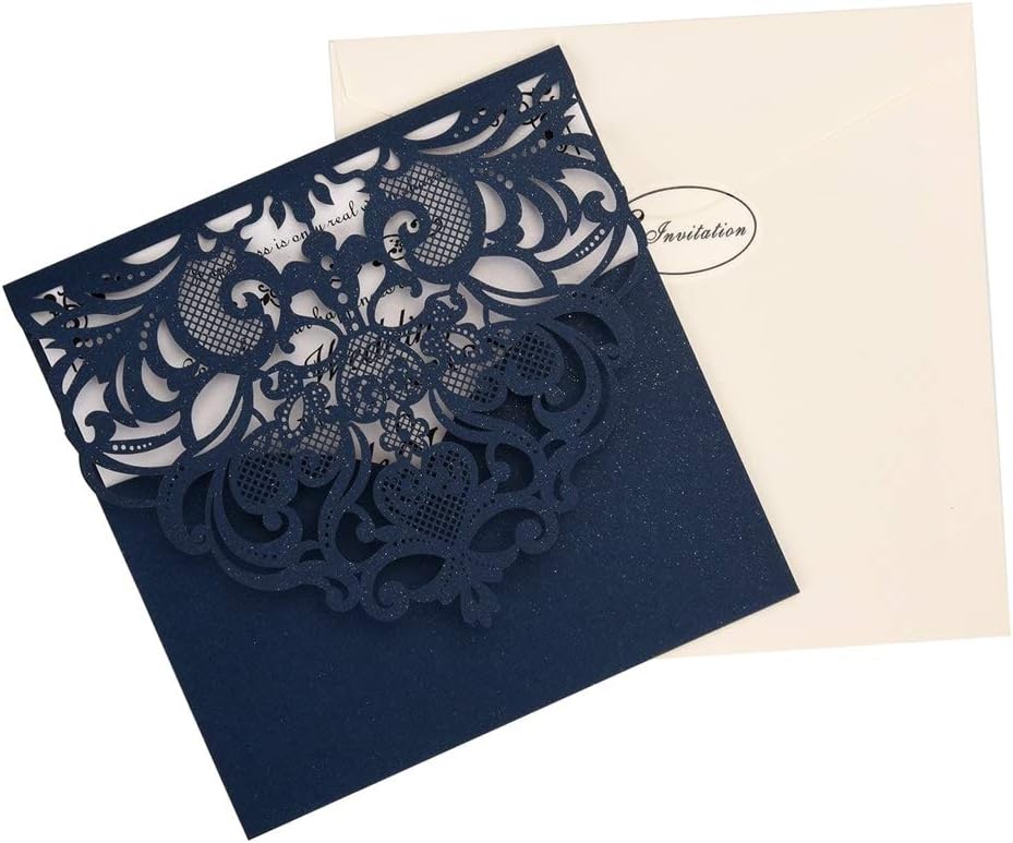 FOMTOR Navy Blue Laser Cut Invitations 50 Pack Laser Cut Wedding Invitations Card Kit with Blank Printable Paper and Envelopes for Wedding,Birthday Parties,Baby Shower