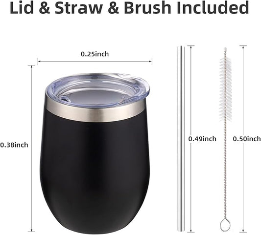 12 oz Insulated Wine Tumbler with Lid and Straw,Stainless Steel Stemless Wine Tumbler Glasses Double Wall Vacuum Wine Cups Tumbler Bulk for Coffee,Champaign,Cocktail（Black,1）