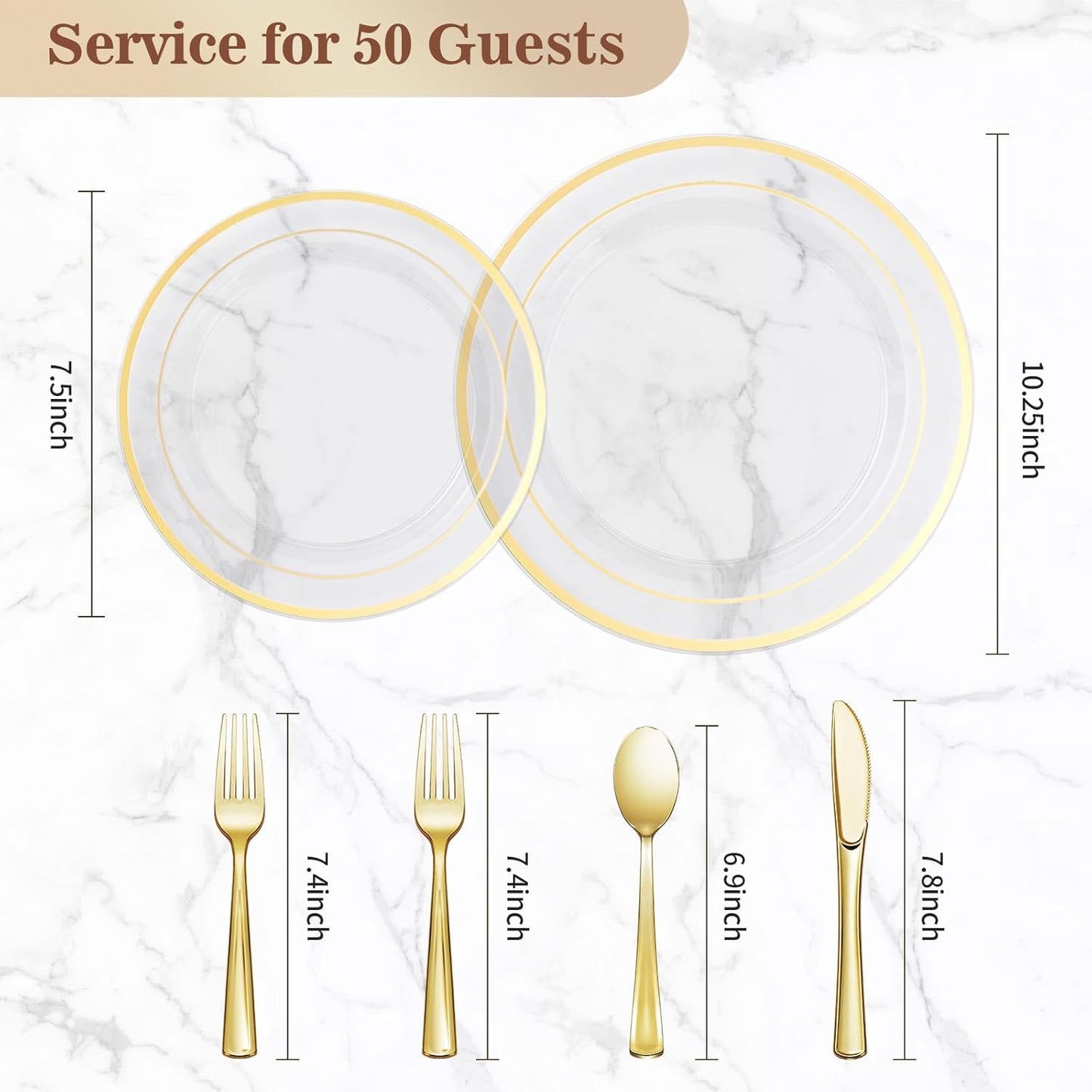 BESTVIP 300PCS Clear Gold Plastic Plate Set (50 Guests), Disposable Dinnerware Set for Party, Wedding, Birthday - 100 Plates, 100 Forks, 50 Spoons, 50 Knives for Christmas, Thanksgiving