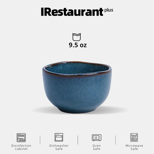 Organic Shape Restaurant Bouillon Cup 9oz, Commerical Grade Catering Stoneware Dip Bowls in Ir-regular Organic Shape, Chip & Scratch Resistant, Glossy Reactive Glaze Blue, Case of 24