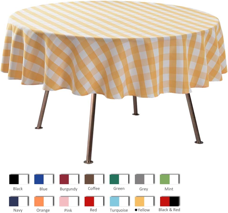 maxmill Round Checkered Tablecloth Spillproof Wrinkle Free Heavy Weight Gingham Table Cloth for Circular Table Buffalo Plaid for Buffet Banquet Parties Holiday Dinner 70 Inch Yellow and White