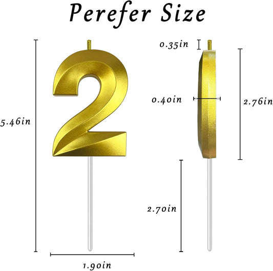 Gold Number 2 Candles, 3D Diamond 2.76 Inch Cake Topper Birthday Candles for Wedding Anniversary Cake Decorations, Happy Birthday Party Decorations