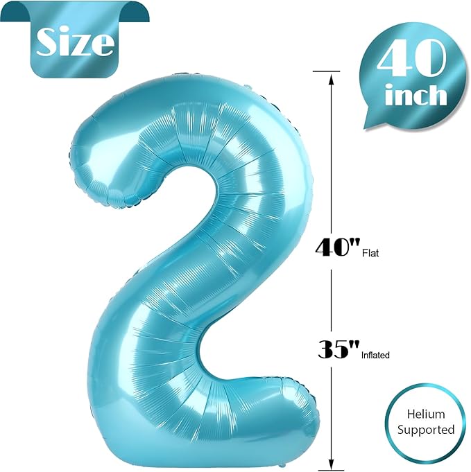 Pearlescent Blue 2 Balloon, Number Balloons 40 Inch, 2nd Balloon Number Birthday Decorations, Second Two Birthday Party Supplies, Number 2 Balloon