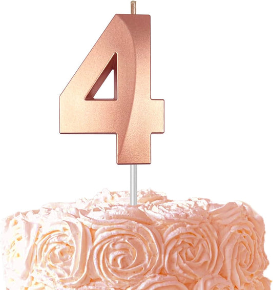 Rose Gold Number 4 Candles, 3D Diamond 2.76 Inch Cake Topper Birthday Candles for Wedding Anniversary Cake Decorations, Happy Birthday Party Decorations