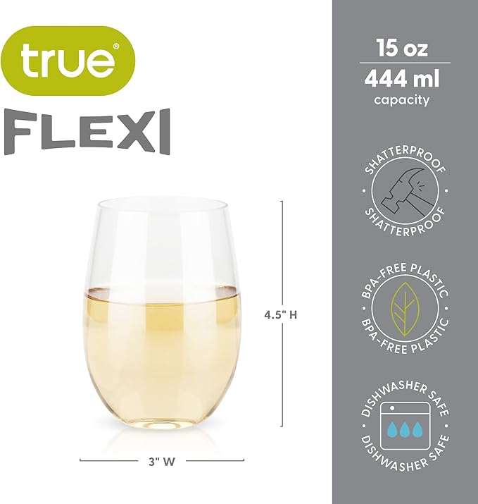 True Flexi Shatterproof Stemless Wine Glasses, Reusable and Flexible Plastic Drinking Glasses for Red and White Wines, Picnic, Camping, BBQ, Beach, Outdoor Party, Housewarming Gift, 15 oz, Set of 2