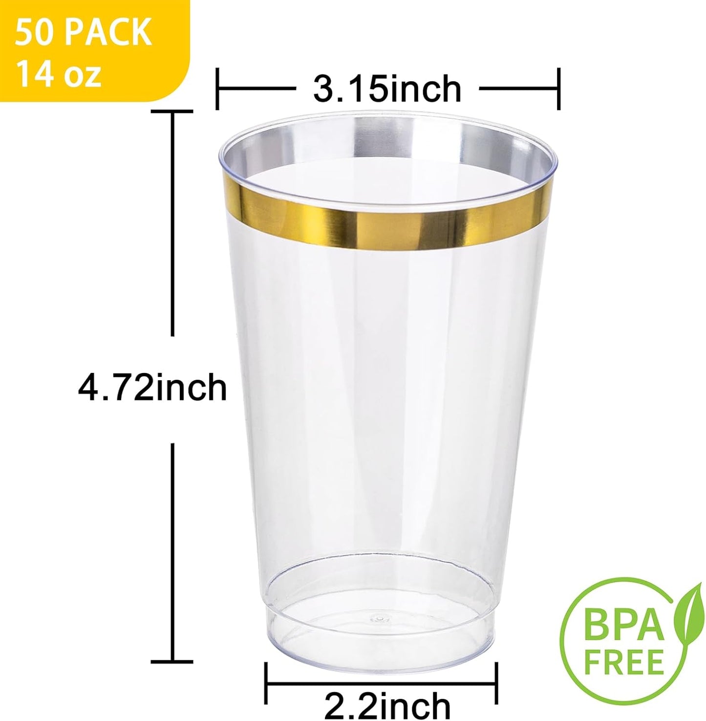 I00000 50 Pack 14 oz Gold Plastic Cups, Gold Disposable Cups Tumblers, Disposable Plastic Wine Glasses Cocktail Glasses Perfect for Wedding, Halloween, Thanksgiving, Christmas Parties