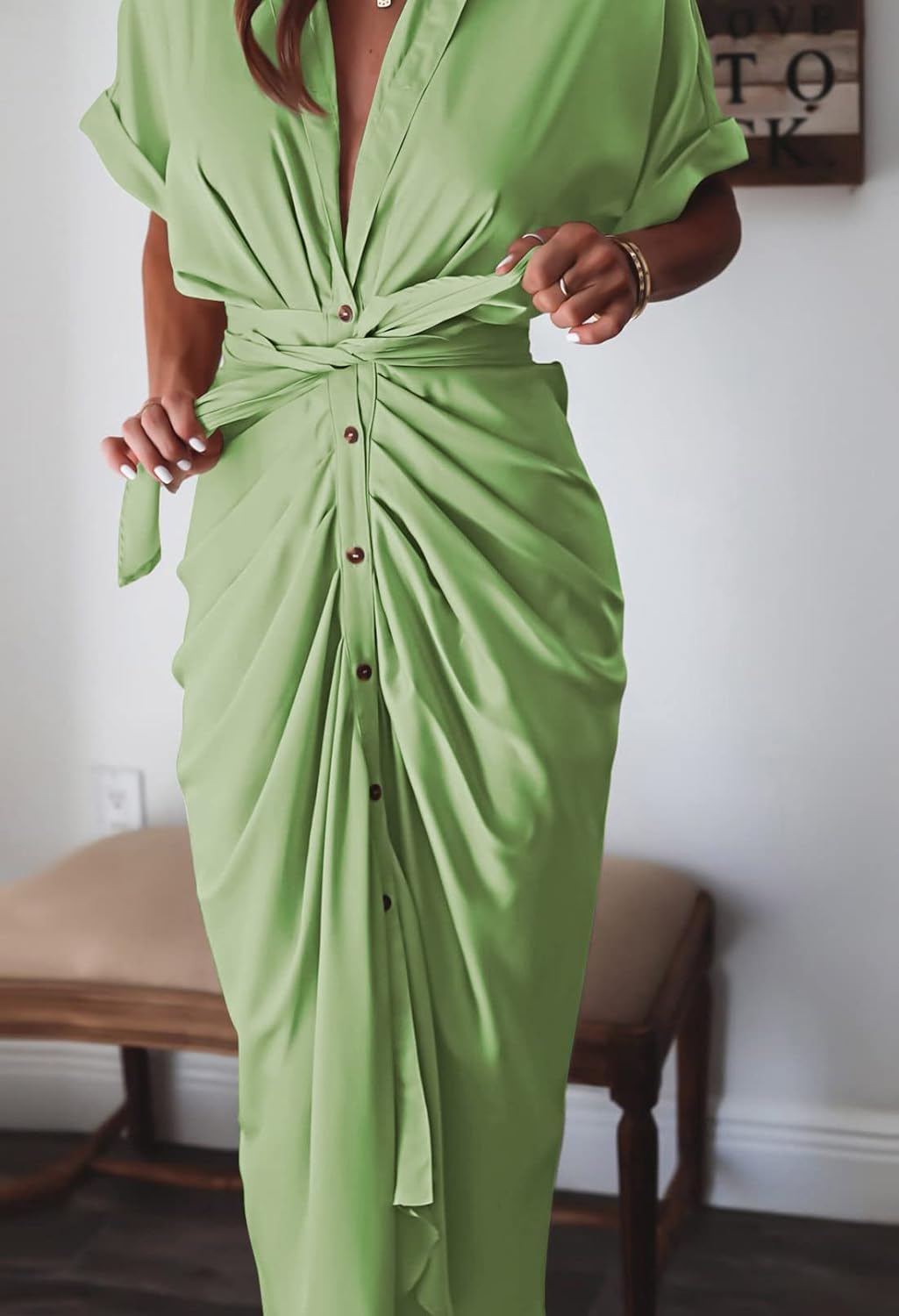 Women Elegant Satin Button Down Short Sleeve Maxi Shirt Dress with Belt