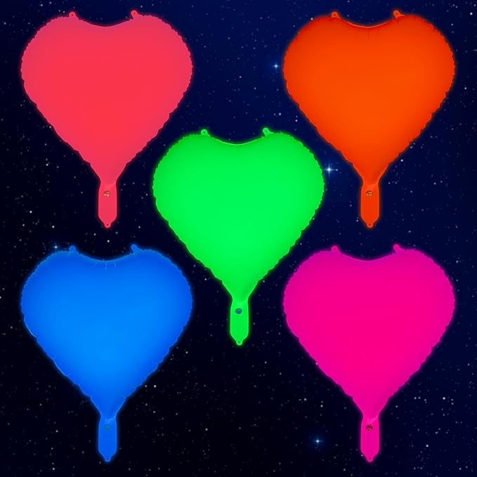 Mega-L Glow in the Dark Party Supplies, 5 Pcs Neon Heart Balloons Set – Fluorescent Red, Lemon Yellow, Fuchsia, Blue and Orange Balloons Perfect for Birthday, Wedding, Anniversary, Carnival