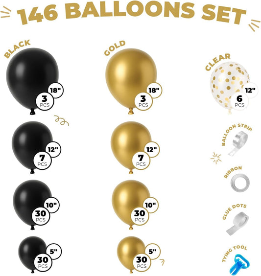 Balloon Garland Arch Kit – 146 Pcs Black, Metallic Gold & Confetti Balloons for Baby Shower, Birthday, Gender Reveal, Wedding Party – DIY Kit by Vellax™