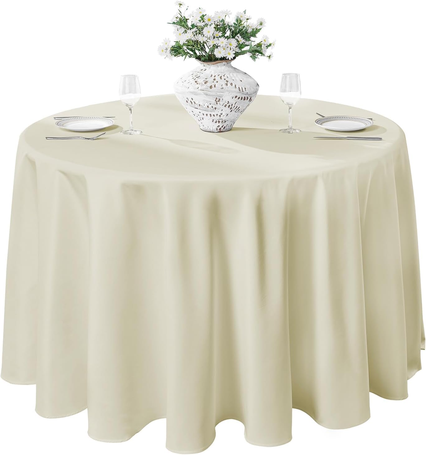 VidaFete Tablecloth 120inch Round Table Cloth Polyester, Stain Wrinkle Resistant Polyester Dining Table Cover for Kitchen Dinning Party Wedding Round Tabletop Buffet Decoration(Ivory)