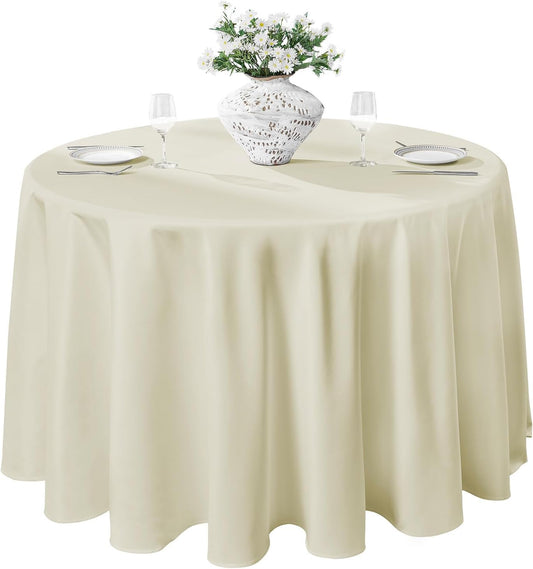 VidaFete Tablecloth 132inch Round Table Cloth Polyester, Stain Wrinkle Resistant Polyester Dining Table Cover for Kitchen Dinning Party Wedding Round Tabletop Buffet Decoration(Ivory)