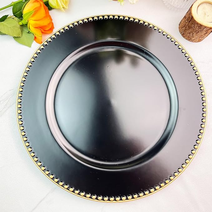 Black Charger Plates with Beaded Rim, 13" Round Charger for Dinner Plates, Set of 6 Plastic Plate Chargers for Halloween, Table Setting, Party Decoration.