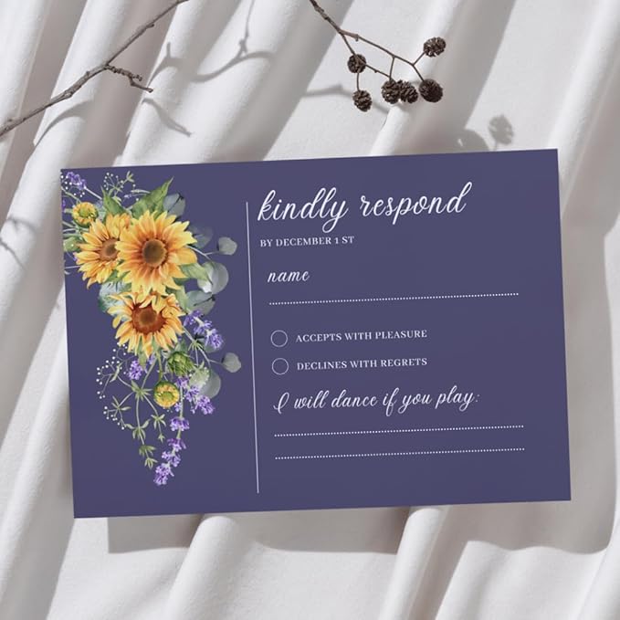 Preprinted Purple and Yellow Sunflower Wedding or Party RSVP Cards, Personalized Response Card Glossy Finish With White Envelopes, Set of 15 with Envelope, 5x3.5 inch Cards (Navy Blue)