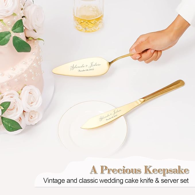 Personalized Wedding Cake Knife and Server Set, Vintage Engraved 2-Piece Pie Cake Cutter Serving Set, Custom Bridal Anniversary Birthday Quinceaera Gift