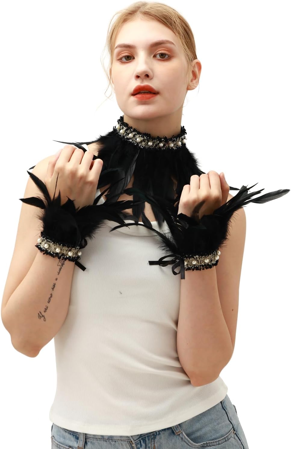 Gothic Black Feather Shawl Lace Wrist Cuffs Wing Costume for Carnival,Halloween,Cosplay Party Accessories