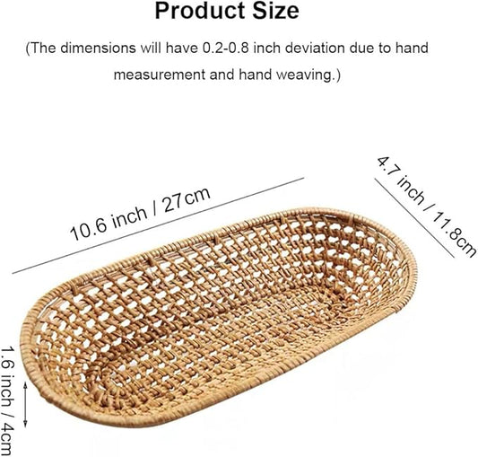 RT&BS Handwoven Utensil Basket, Small Rattan Bread Basket, Handwoven Narrow Baskets for Storing Flatware, Baguettes, Snack, Fruits at Home or Party (Honey Brown, Oval)