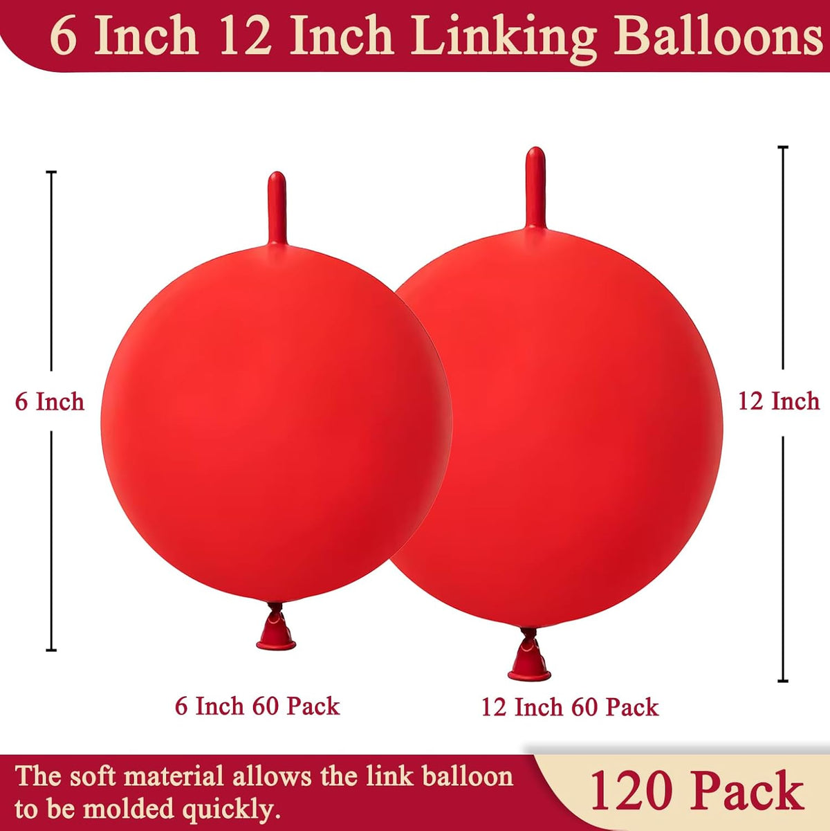 Red Link Balloons 6 Inch 12 Inch 120 Pcs Latex Linking Balloons for Birthday Wedding Party Festival Decorations