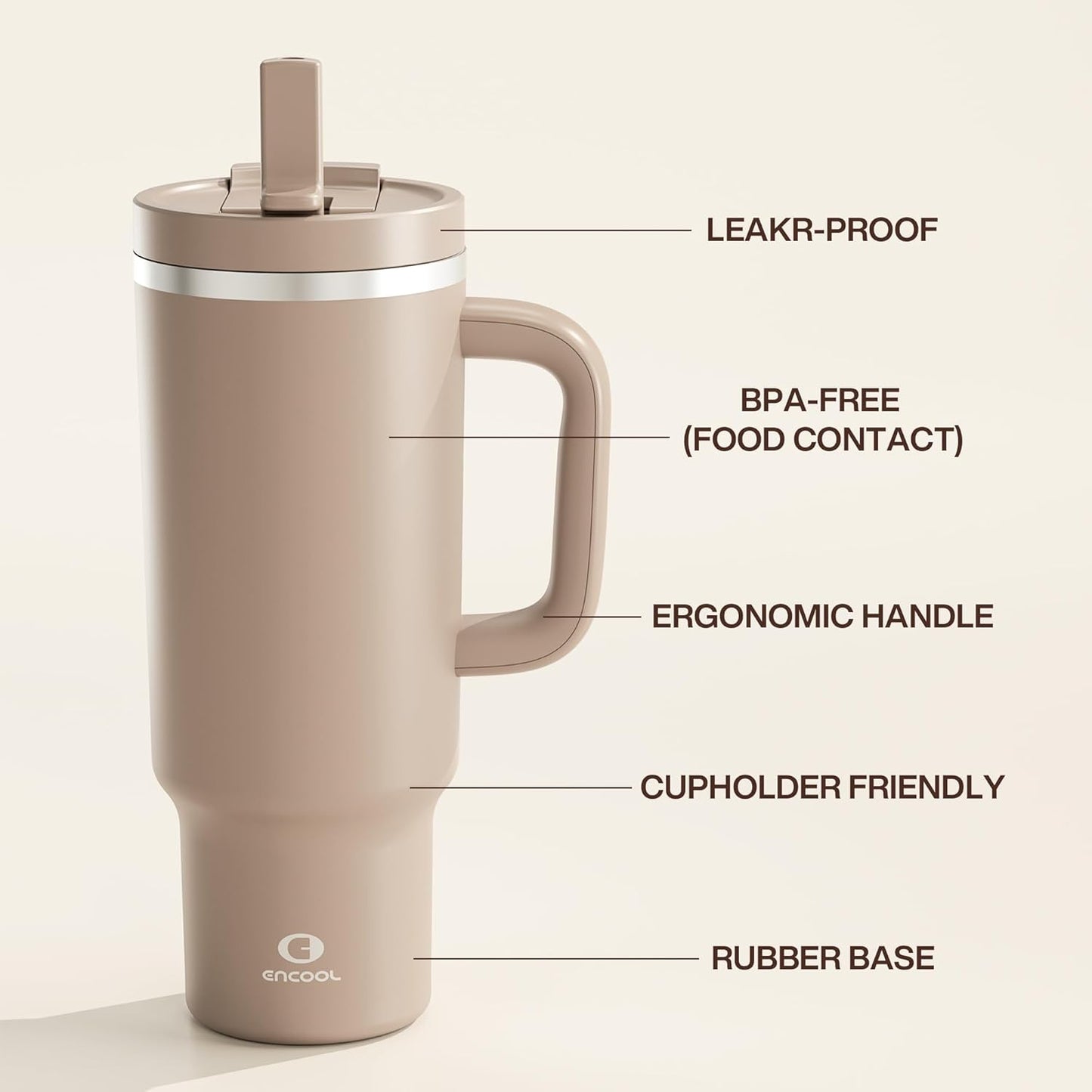 ENCOOL 40 oz Tumbler with Handle and Straw: Stainless Steel Insulated Tumbler Keeps Cold for 24 Hours, Leakproof Travel Cup Fits in Cup Holder and BPA-Free,Raw Umber