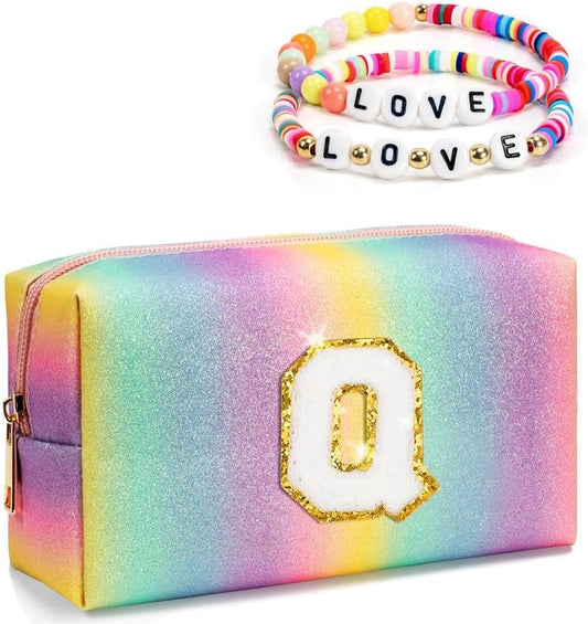 Preppy Makeup Bag for Women Girls, Personalized Gifts for Daughter Granddaughter, Initial Zipper Pouch, Toiletry Bag, Travel Essentials, Monogrammed Gifts, Trending Stuff for Kids (Medium)