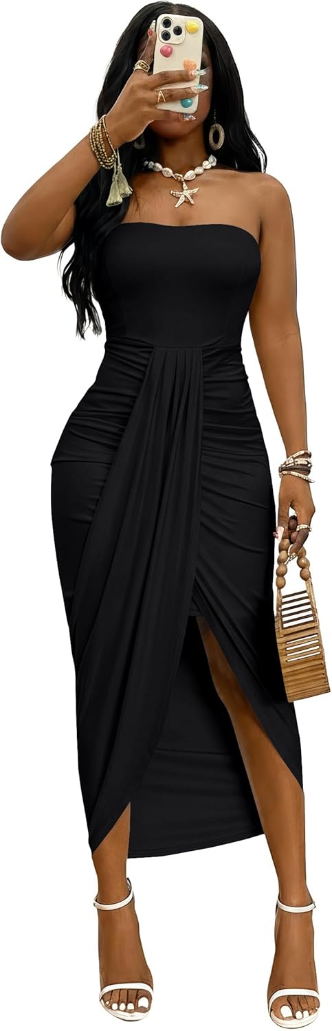 Umenlele Women's Strapless Ruched High Waist Wrap Split Asymmetrical Beach Maxi Long Dress