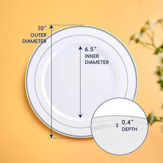 JOLLY CHEF 100 Pieces Silver Plastic Plates, 10 Inch Disposable Plates White Plate with Silver Rim, Heavy Duty Plastic Plates for Christmas, Birthdays and Weddings