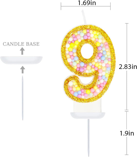 9th Birthday Candle for Cake, Colorful Macaron Numeral Candles for Girls/Boys, Birthday Party Cake Decorations, Golden Cake Topper for Birthday Party Supplies (Number 9)
