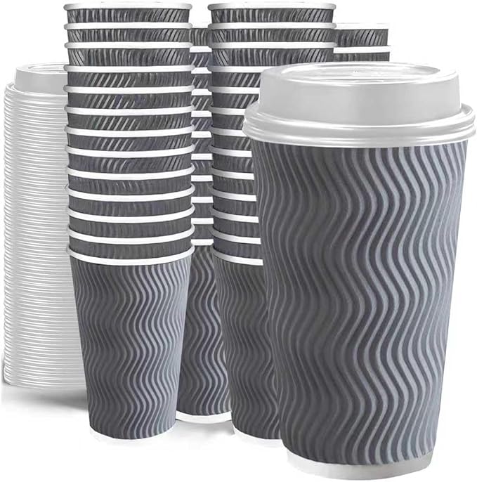 100 Set - 16 oz Coffee Cups with Lids, Disposable Insulated Corrugated Paper Cups, Double Wall Ripple To Go Cups for Hot Drinks, Chocolate, Cocoa (Grey)