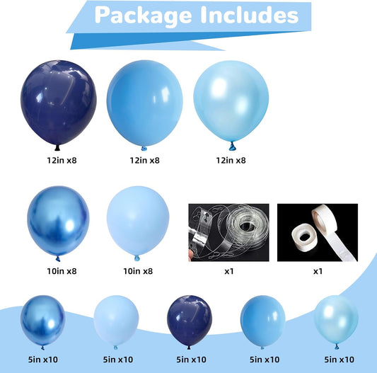 Blue Balloon Garland Arch Kit 12 Inch 90 Pcs Metallic Chrome Pearl Baby Light Dark Royal Blue Latex Balloons for Winter Wonderland Baby Shower Birthday Wedding Ocean Party Decor