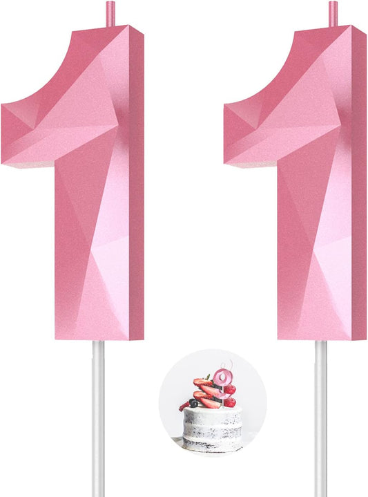 Number Birthday Candles(11 Candle Pink) 3D Diamond Shape 11th Happy Birthday Cake Topper Decorations for Girl Women Birthday Wedding Anniversary Celebration Theme Party Supplies