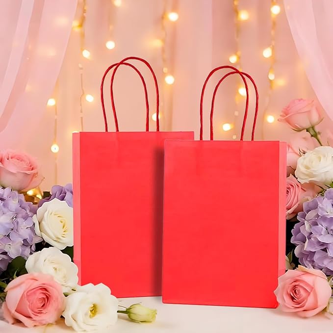 Piqiya Small Plain Kraft Paper Gift Bags with Handles - Red, 24pcs for Birthday, Wedding, Grocery, Retail, Business, Goody, Craft Bags