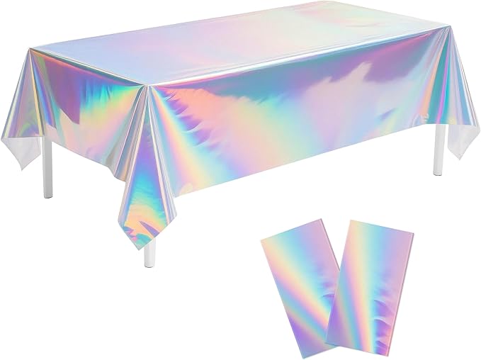 2 Pack Iridescent Tablecloth, 54" x 108" Birthday Party Table Cloths Iridescence Plastic Disposable Table Covers Iridescent Party Decorations, Birthday Decor Tablecloth for Buffet Table